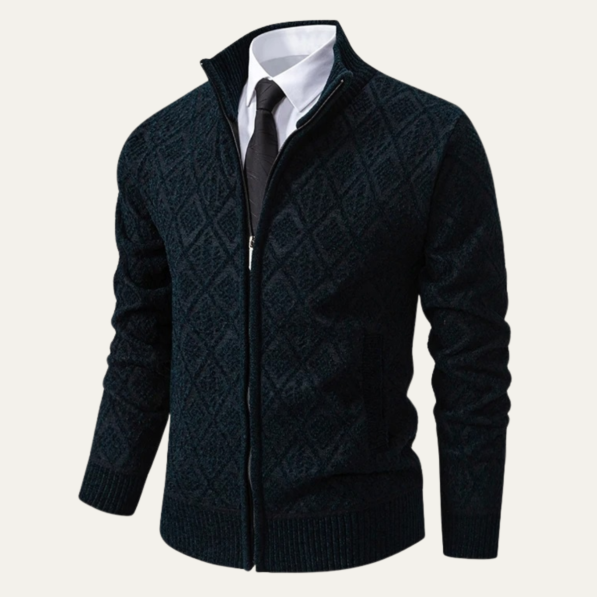 Men's Knit Diamond Zip Jacket with Stand Collar