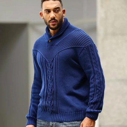 Men's Ribbed Knit Sweater Button Neck Winter Wool