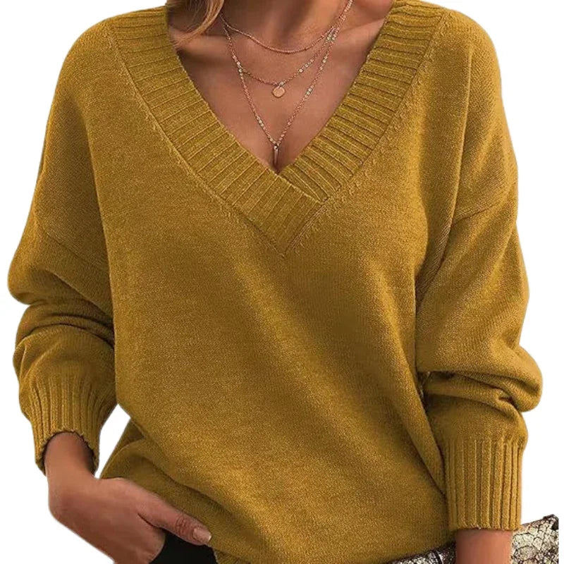Women's Textured Knit Sweater Relaxed Fit V-Neck