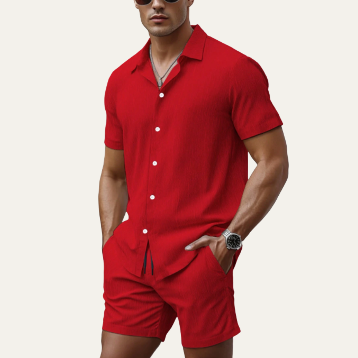 Men's Summer Co Ord Set Button Up Shirt Drawstring Shorts