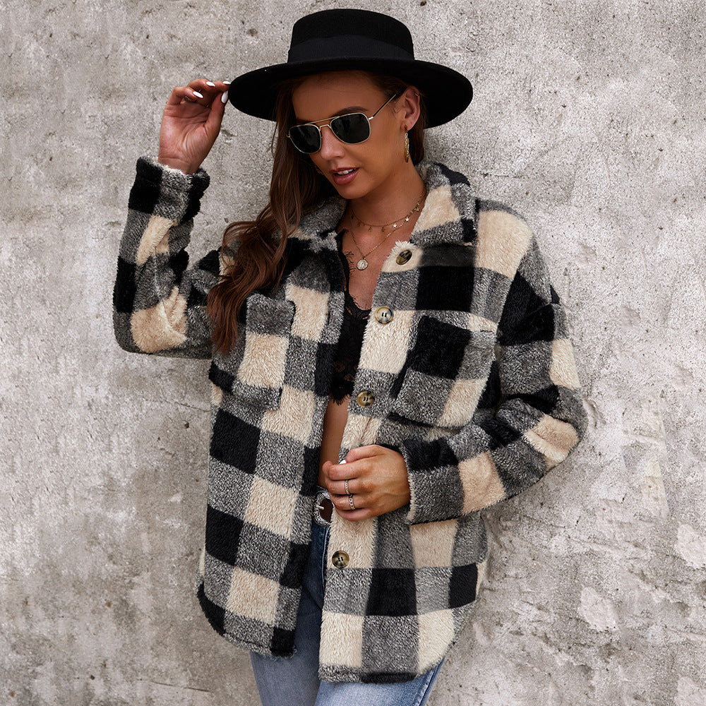 Women's Checkered Fur Coat Plush Winter Outerwear