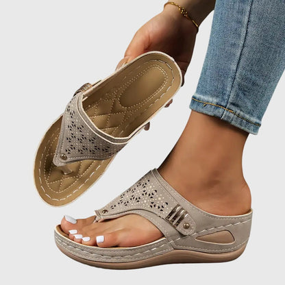 Women's Wedge Sandals Laser Cut Toe Loop Brown