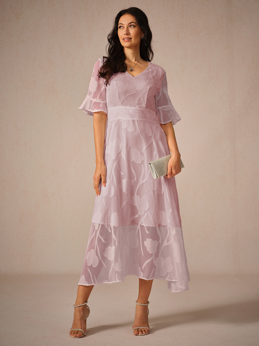 Women's Elegant Midi Dress Flutter Sleeves Lace Detailing