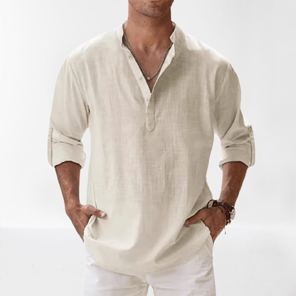 Men's Linen Blend Henley Shirt Long Sleeve Casual Regular Fit