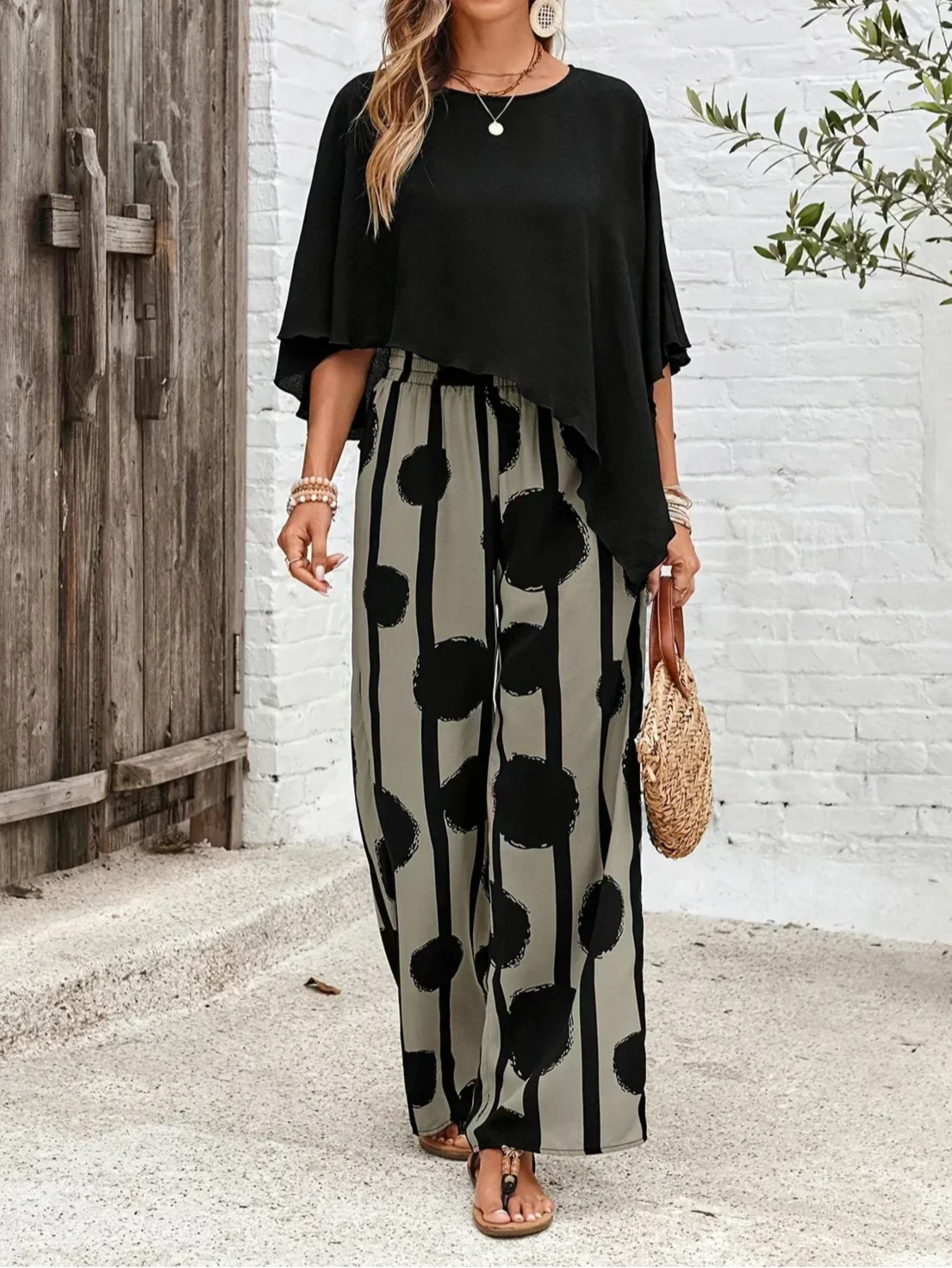Women's Batwing And Wide Leg Pants Set Printed