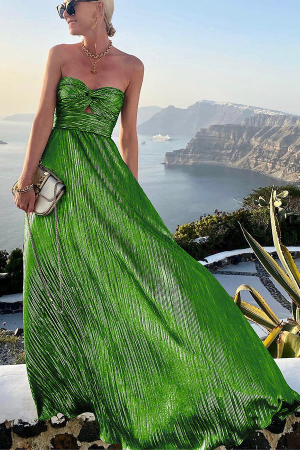 Strapless A-Line Evening Gown Pleated Metallic Design