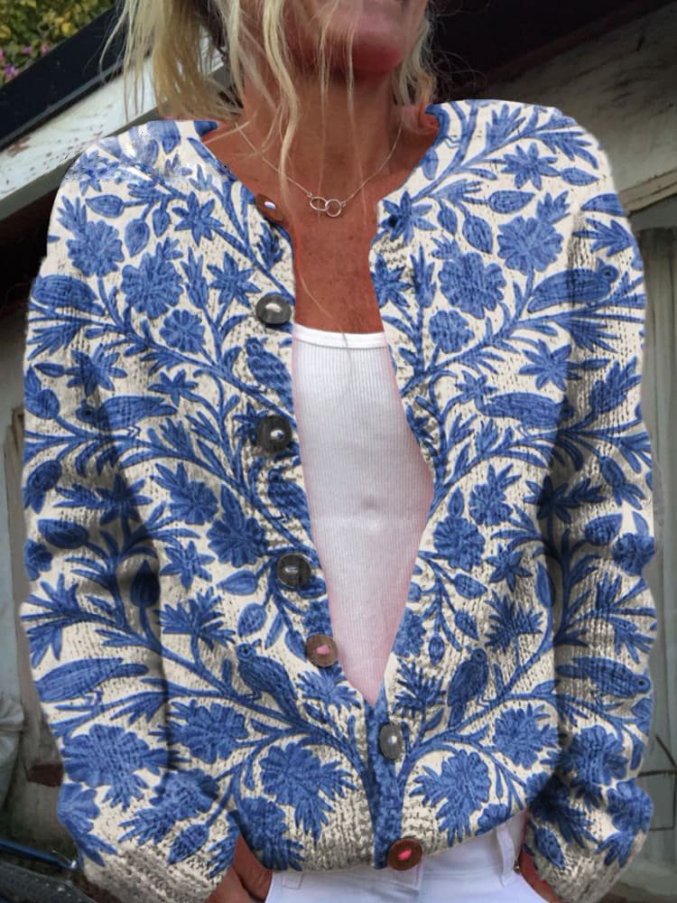 Women's Floral Cardigan Sweater Crew Neck Button Closure - Vonnera