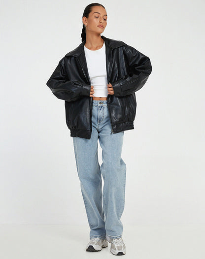 Women's Leather Zip-Up Jacket Relaxed Fit High Collar Black