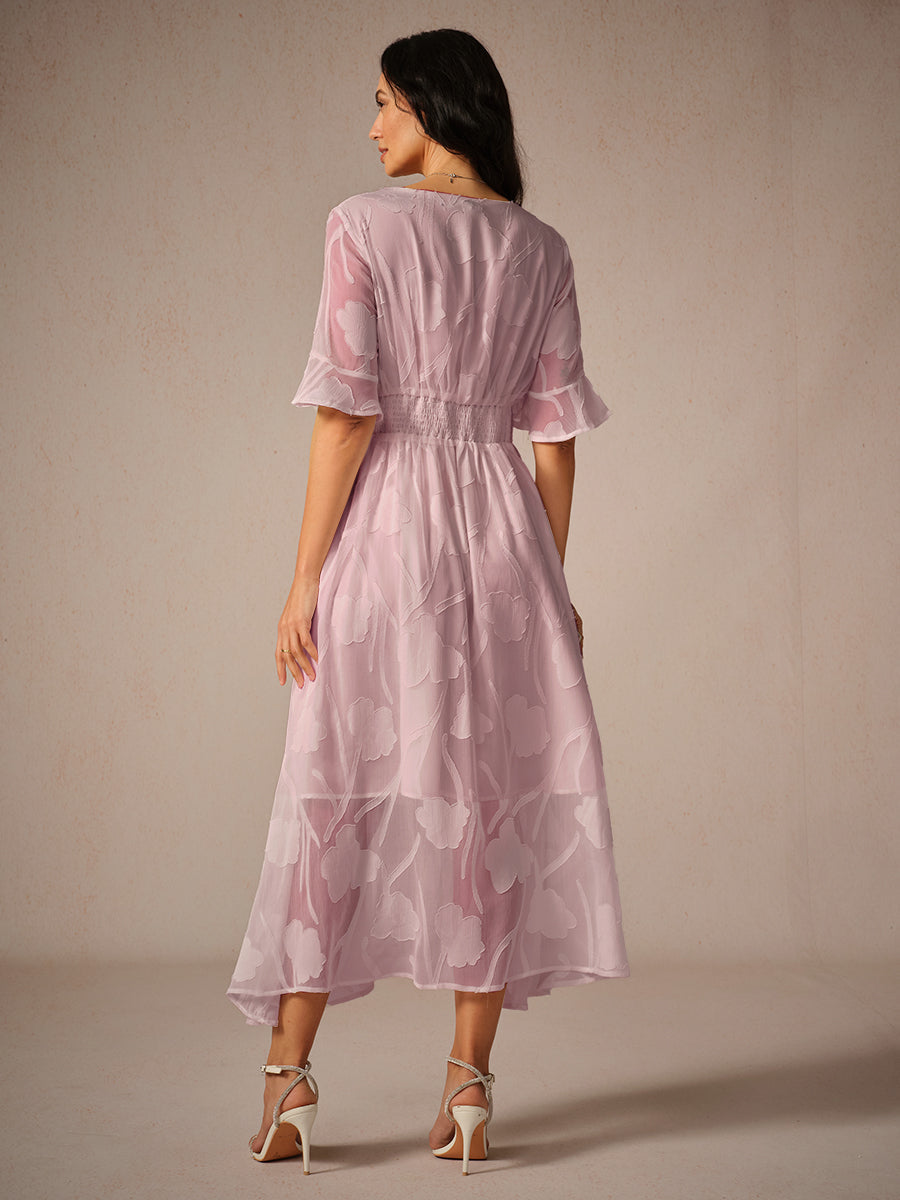 Women's Elegant Midi Dress Flutter Sleeves Lace Detailing