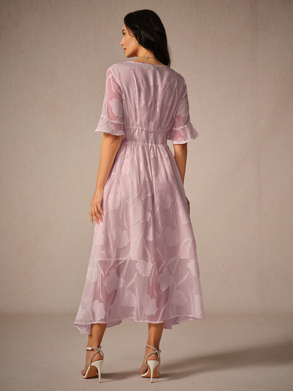 Women's Elegant Midi Dress Flutter Sleeves Lace Detailing