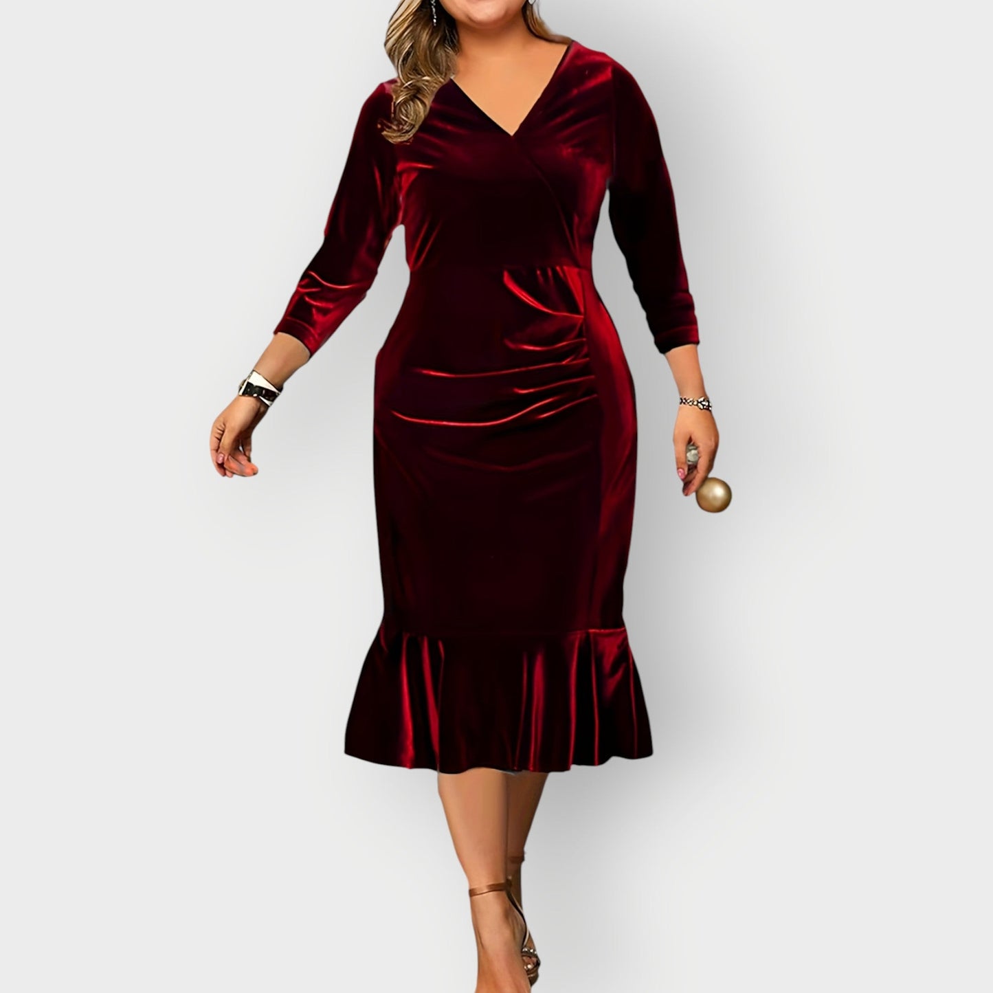 Women's Velvet Midi Dress Ruffle Detail Navy