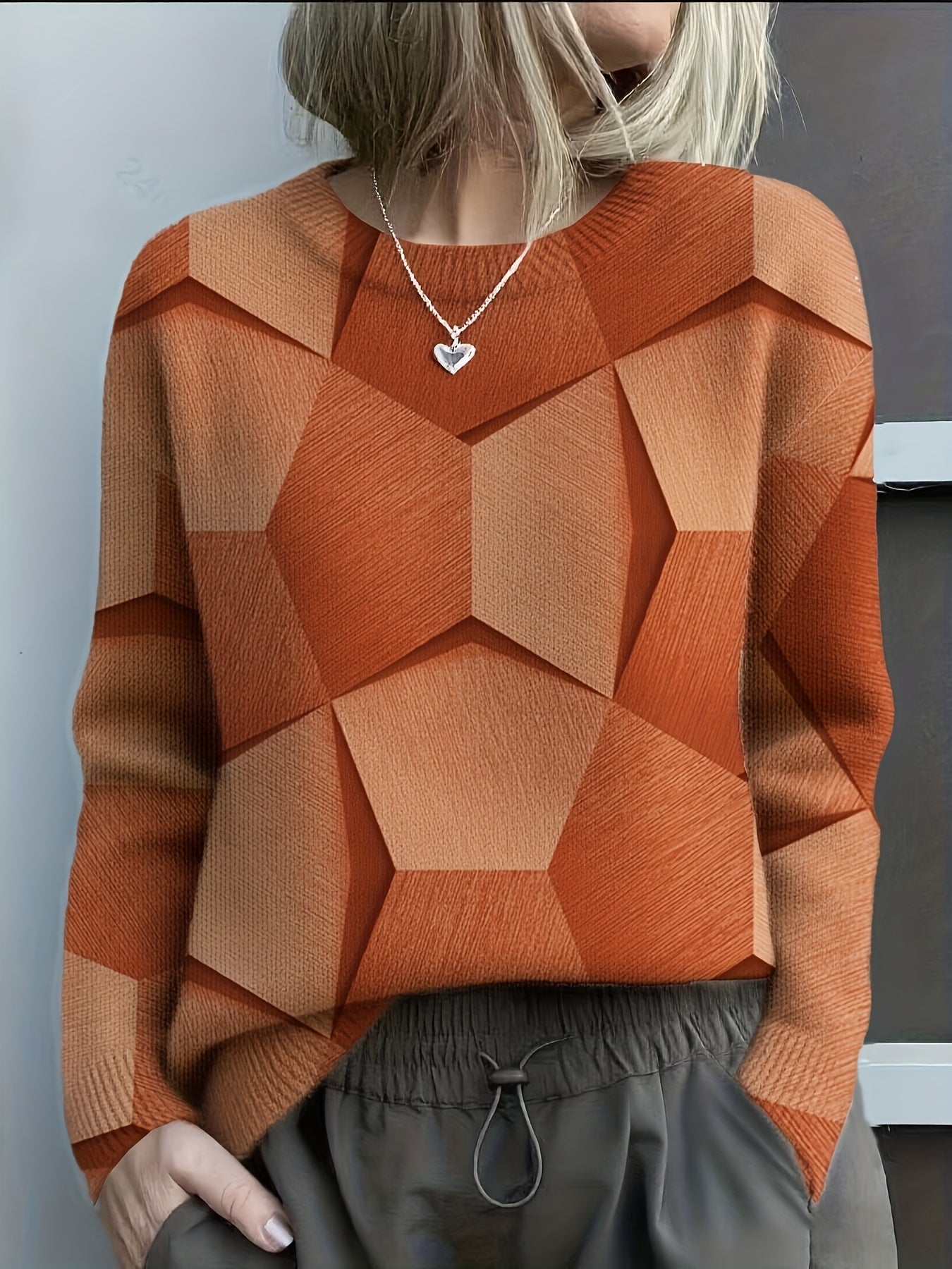 Women's Crewneck Sweater 3D Geometric Design - Vonnera