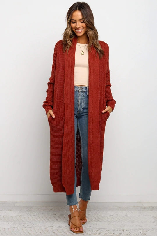 Women's Longline Cardigan Soft Knit Open Front Ribbed Cuffs Beige - Vonnera