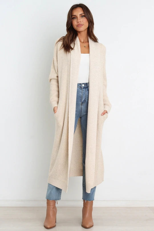 Women's Longline Cardigan Soft Knit Open Front Ribbed Cuffs Beige