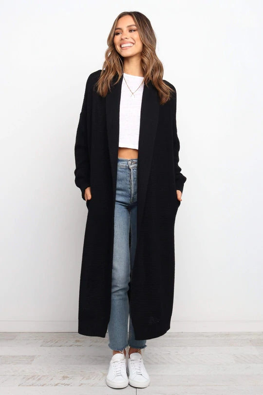 Women's Longline Cardigan Soft Knit Open Front Ribbed Cuffs Beige