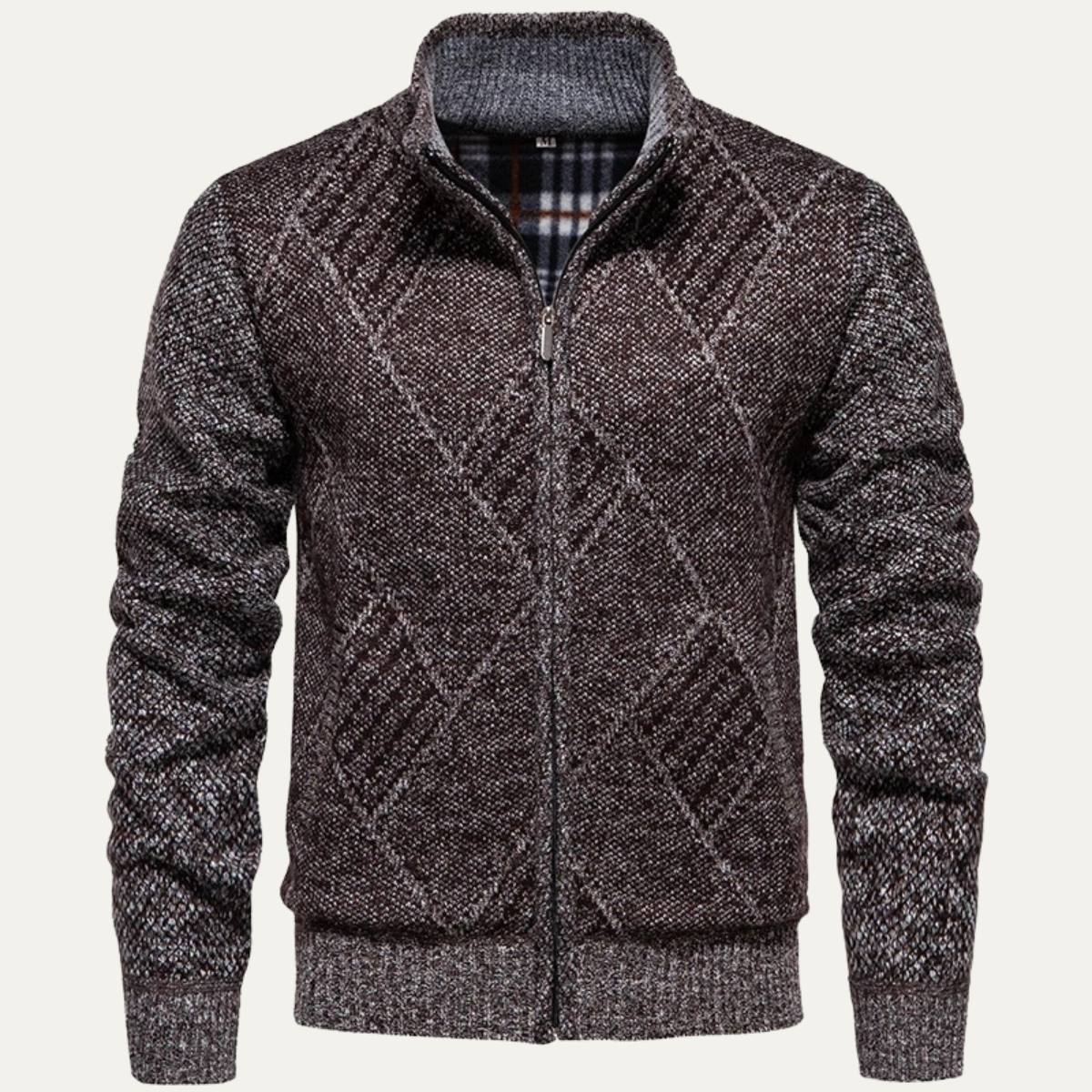 Men's Knit Fleece Cardigan Diamond Pattern Zip Front - Vonnera