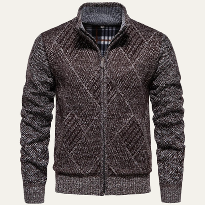 Men's Knit Fleece Cardigan Diamond Pattern Zip Front - Vonnera