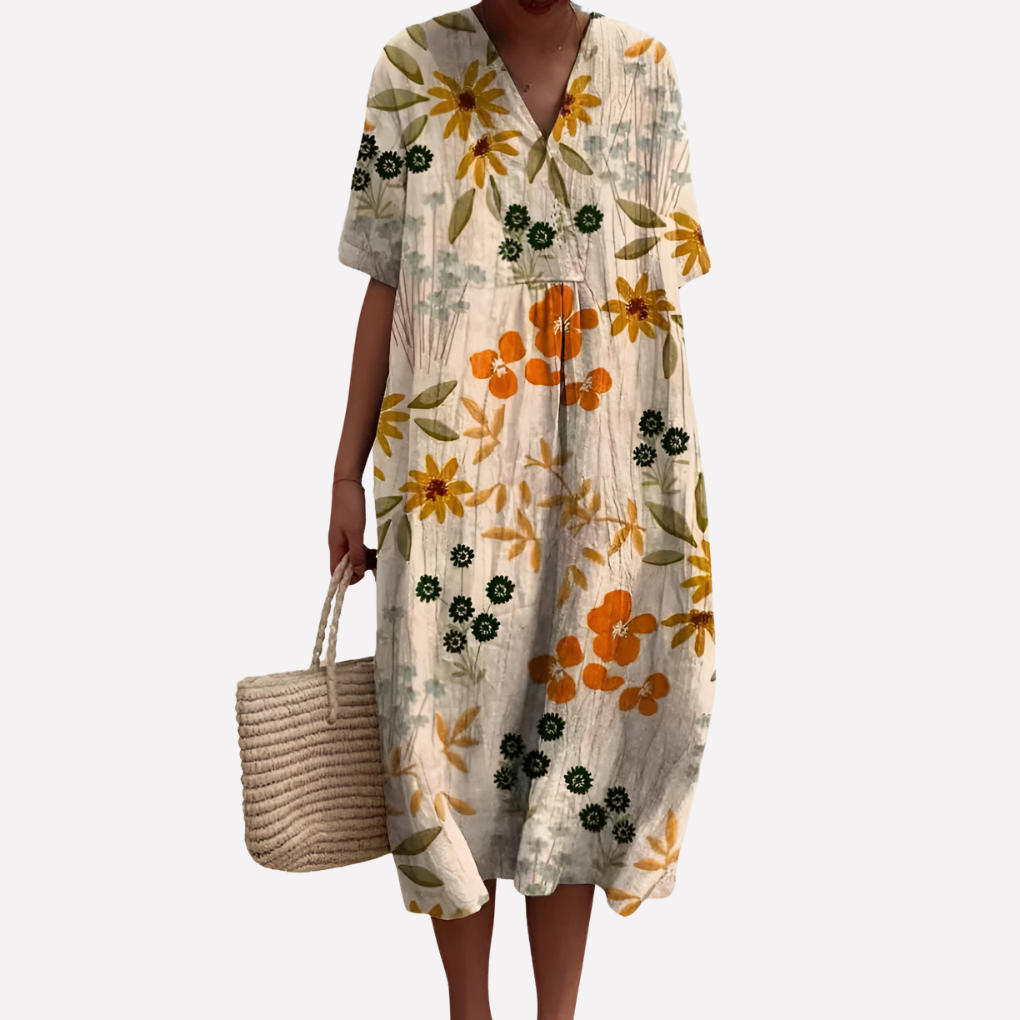 Women's Floral V-Neck Short Sleeve Summer Dress