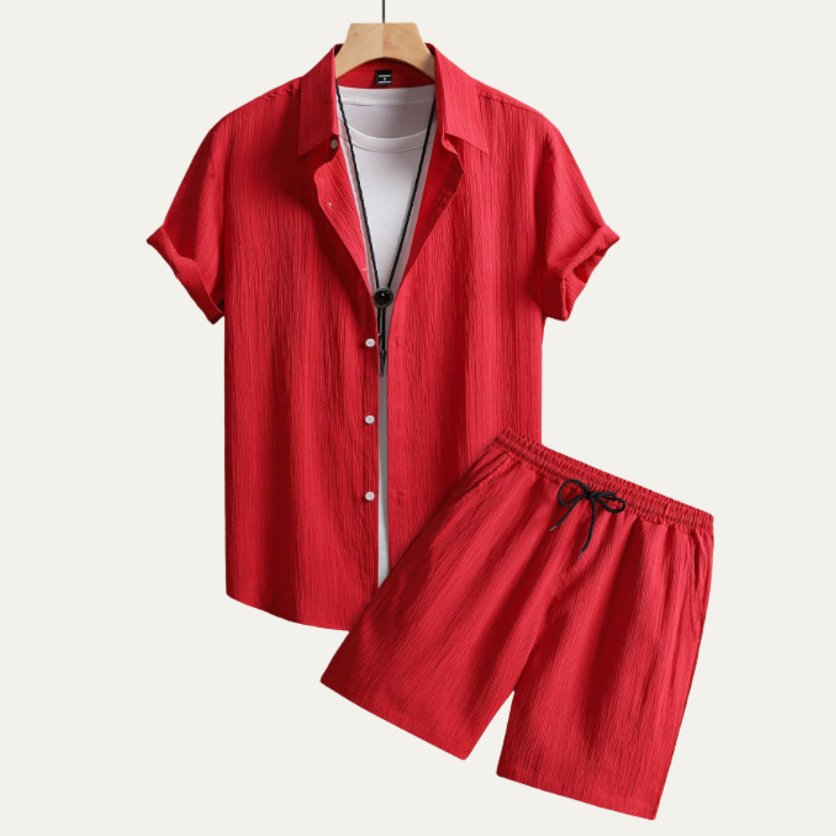 Men's Summer Co Ord Set Button Up Shirt Drawstring Shorts