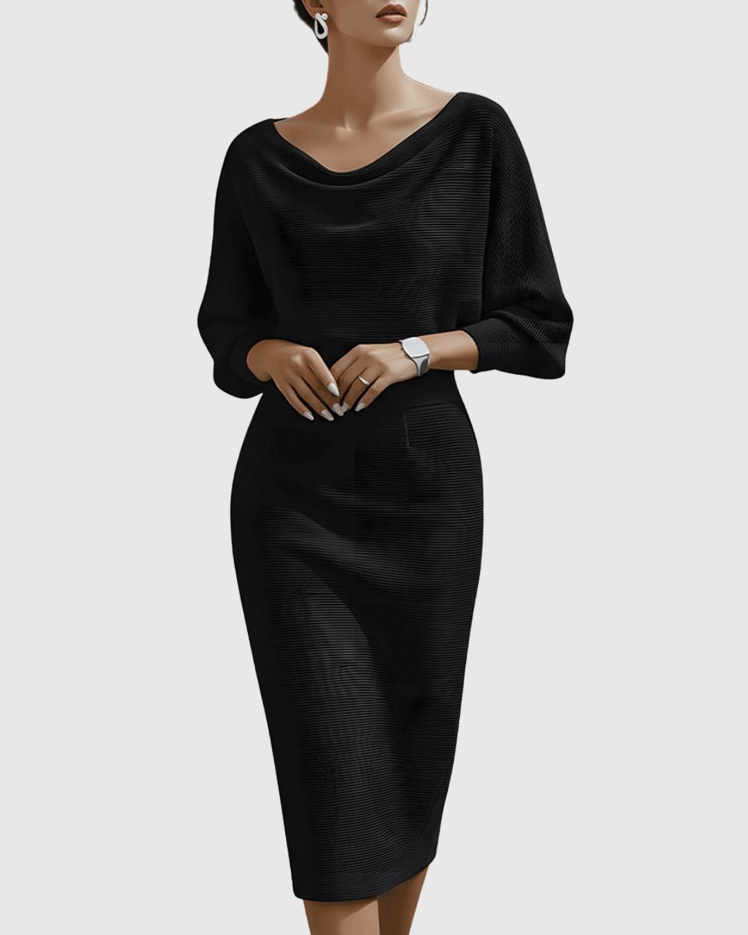 Vivienne Women's Ribbed Midi Dress Cowl Neck Batwing Sleeves - Vonnera