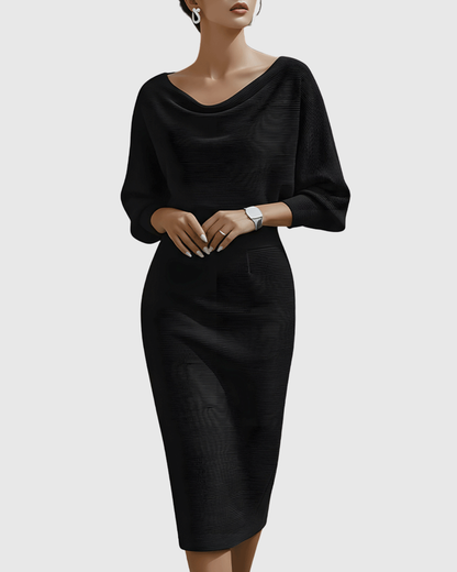 Vivienne Women's Ribbed Midi Dress Cowl Neck Batwing Sleeves - Vonnera