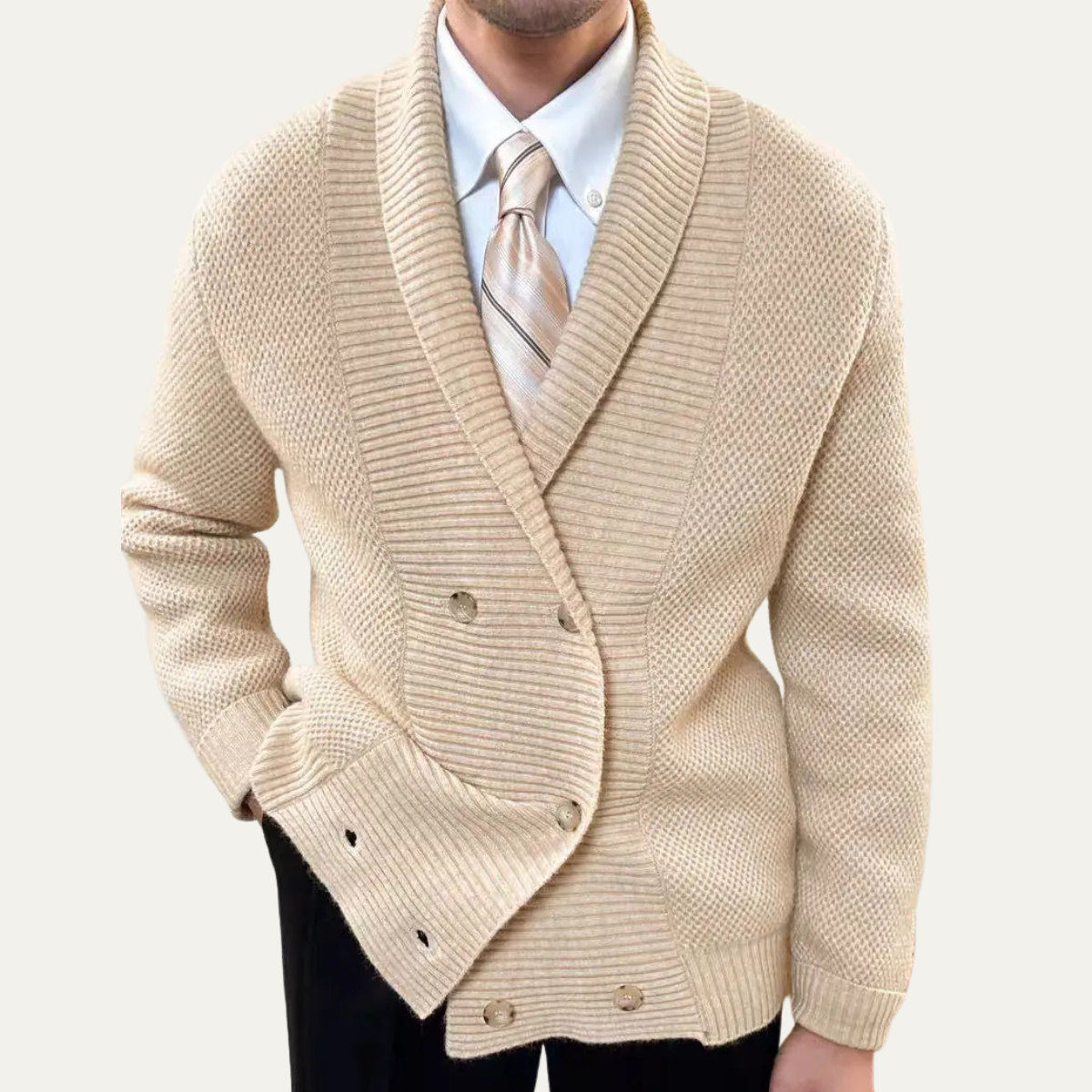 Men's Double Breasted Cardigan Chunky Knit Shawl Collar Wool