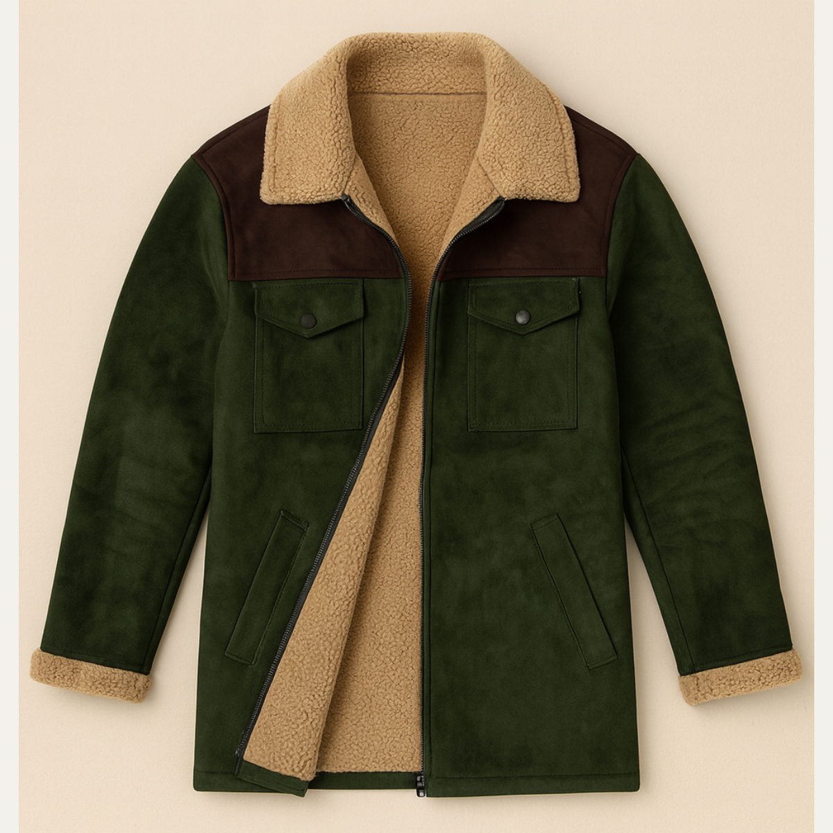 Men's Suede Jacket Fleece Lined Warm Winter Brown - Vonnera