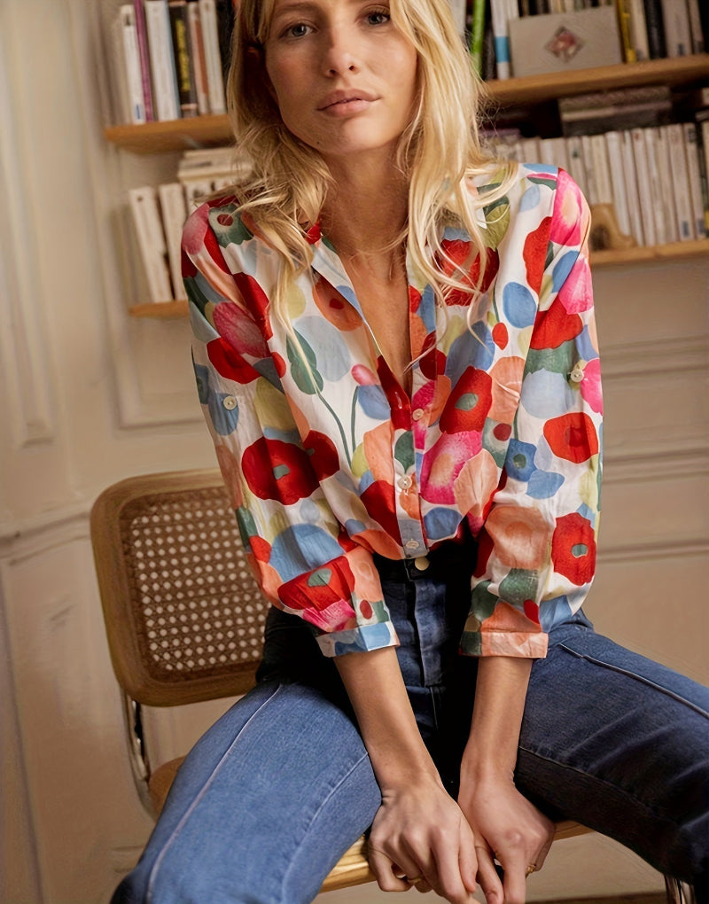 Women's Floral Print Button Up Shirt - Vonnera