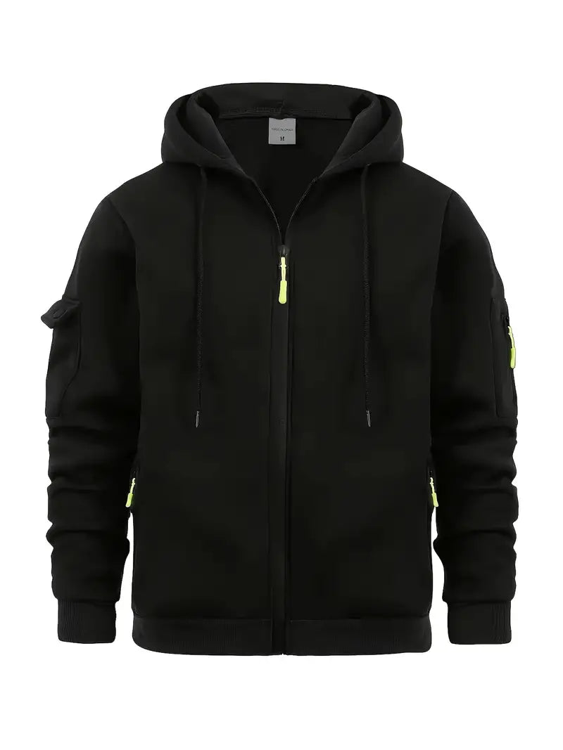 Men's Zip-Up Hoodie Cotton Drawstring Hood Functional Pockets