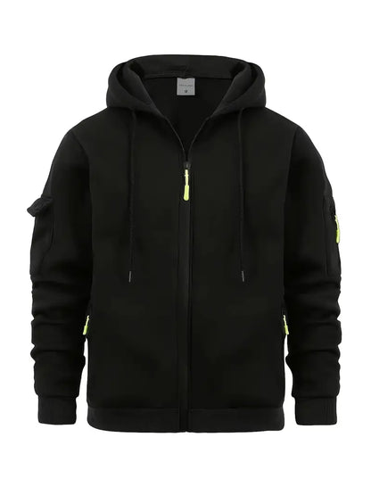 Men's Zip-Up Hoodie Cotton Drawstring Hood Functional Pockets