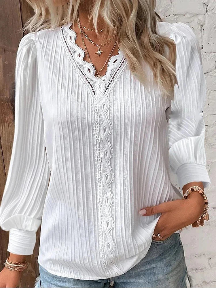 Women's Pleated V Neck Blouse Long Sleeve