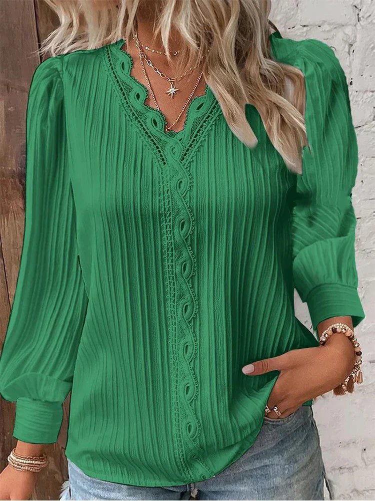 Women's Pleated V Neck Blouse Long Sleeve