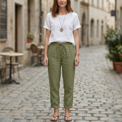 Women Linen Pants Drawstring Waist Straight Leg Casual