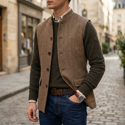 Mens vest herringbone tweed button front sleeveless casual