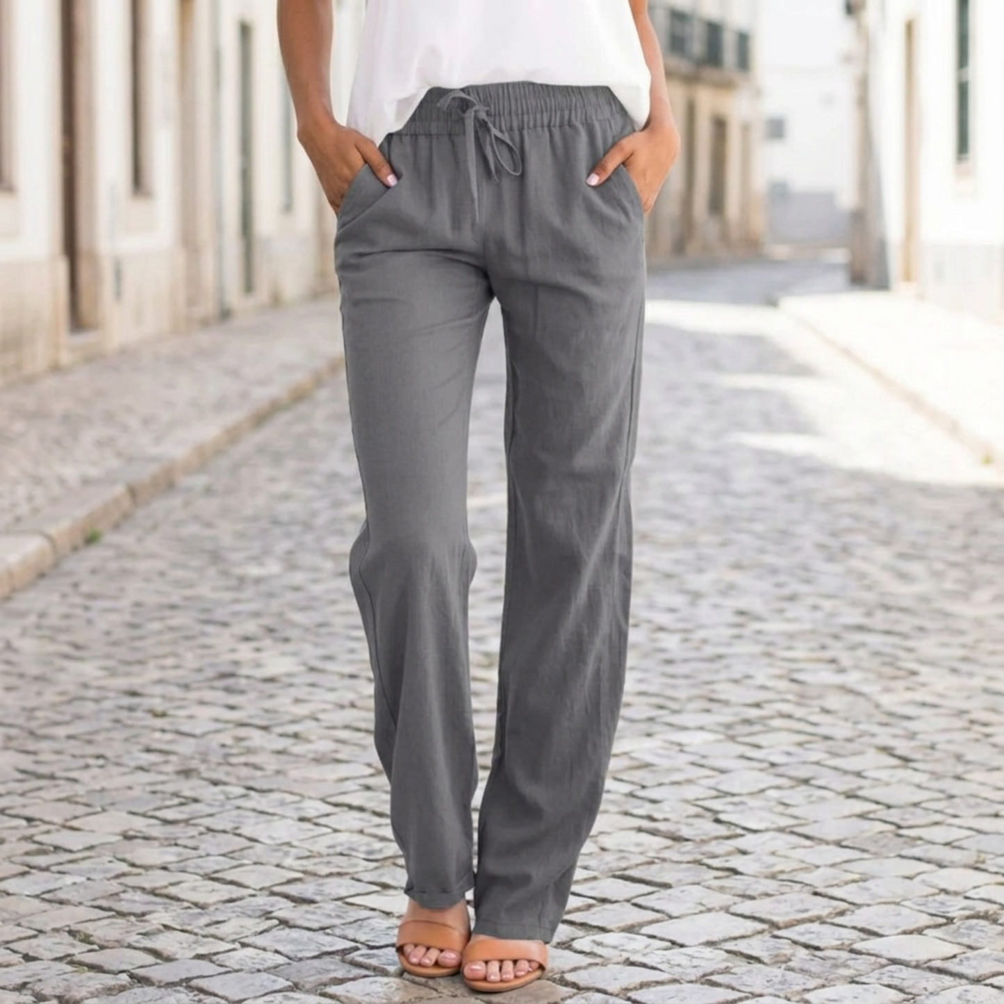Women Linen Pants Elastic Waist Drawstring Straight Leg Casual