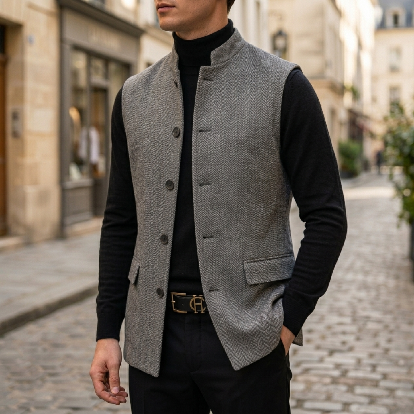 Mens vest herringbone tweed button front sleeveless casual