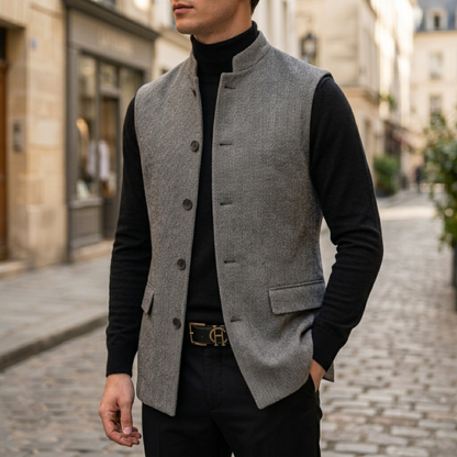 Mens vest herringbone tweed button front sleeveless casual