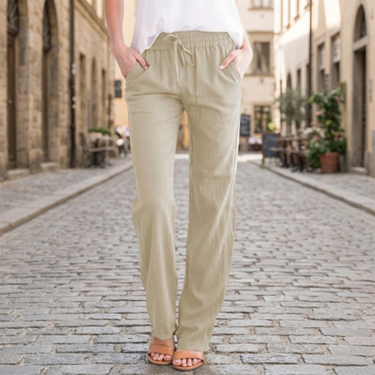 Women Linen Pants Elastic Waist Drawstring Straight Leg Casual