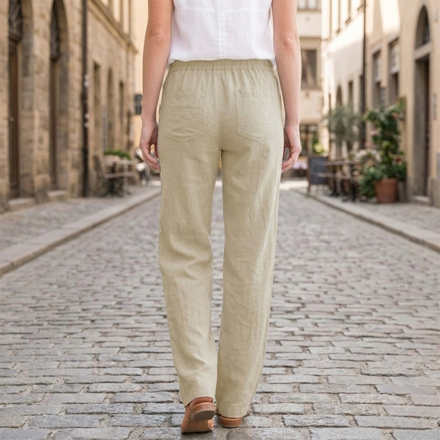 Women Linen Pants Elastic Waist Drawstring Straight Leg Casual