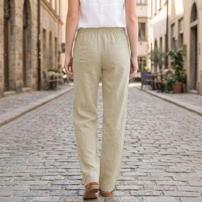Women Linen Pants Elastic Waist Drawstring Straight Leg Casual