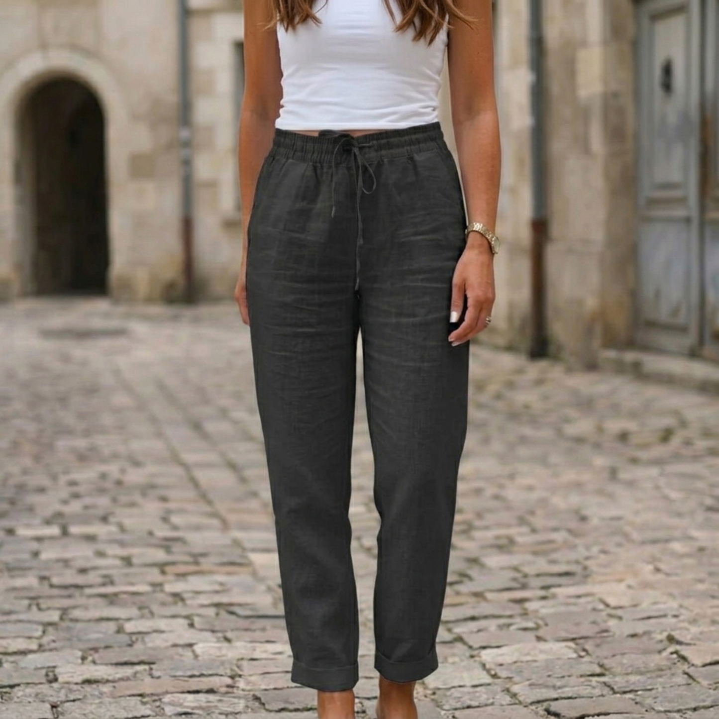 Women Linen Pants Drawstring Waist Straight Leg Casual
