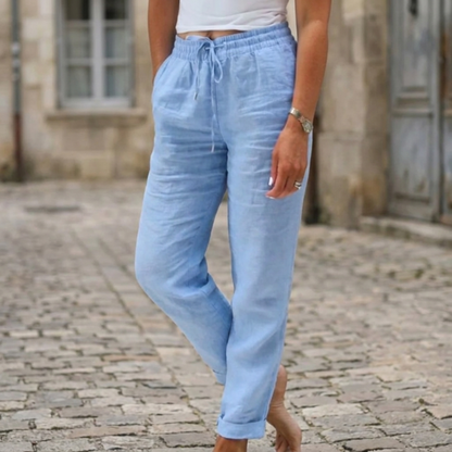 Women Linen Pants Drawstring Waist Straight Leg Casual