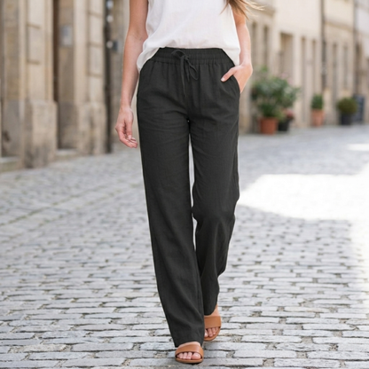 Women Linen Pants Elastic Waist Drawstring Straight Leg Casual