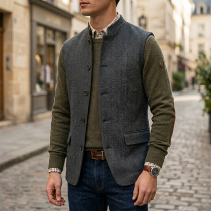 Mens vest herringbone tweed button front sleeveless casual