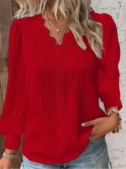 Women's Pleated V Neck Blouse Long Sleeve