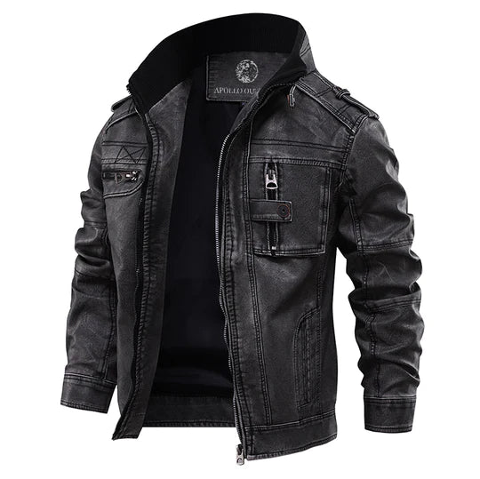 Men's Leather Jacket Stand Collar Zippered Pocket Black - Vonnera
