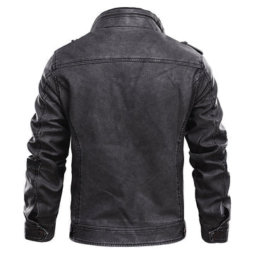 Men's Leather Jacket Stand Collar Zippered Pocket Black