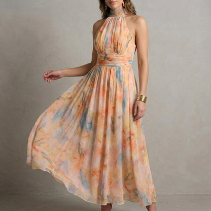 Women's Chiffon Maxi Dress Halter Neck with Waist Tie