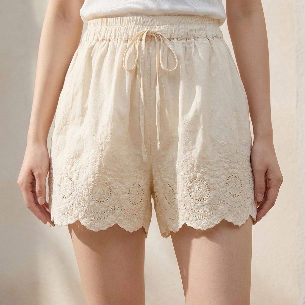 Women's Embroidered Lace Shorts Drawstring Waist Scalloped Hem - Vonnera