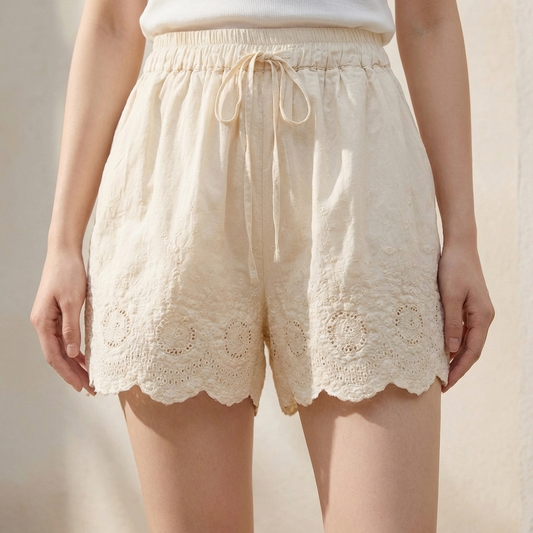 Women's Embroidered Lace Shorts Drawstring Waist Scalloped Hem - Vonnera